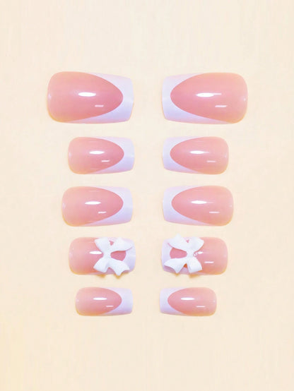 Glamorous 24Pcs Short Square French Press-On Nails Set with Chic White French Tips & Bow Design - Glossy Finish, Includes Jelly Gel & Buffer, Perfect for Parties, Weddings, Casual & Holiday Wear, Reusable Nail Supplies