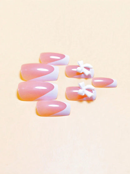 Glamorous 24Pcs Short Square French Press-On Nails Set with Chic White French Tips & Bow Design - Glossy Finish, Includes Jelly Gel & Buffer, Perfect for Parties, Weddings, Casual & Holiday Wear, Reusable Nail Supplies