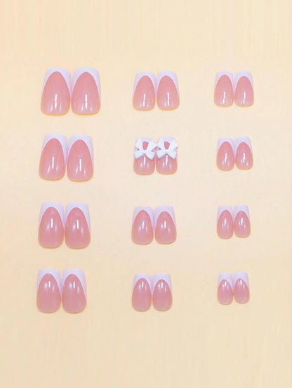 Glamorous 24Pcs Short Square French Press-On Nails Set with Chic White French Tips & Bow Design - Glossy Finish, Includes Jelly Gel & Buffer, Perfect for Parties, Weddings, Casual & Holiday Wear, Reusable Nail Supplies