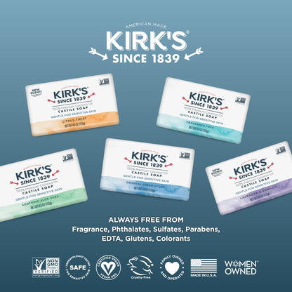 Kirk's Premium Coconut Oil Castile Soap - Fragrance-Free, Vegan, Non-GMO - Gentle for All Skin Types - 6 Pack of 4 Oz Bars