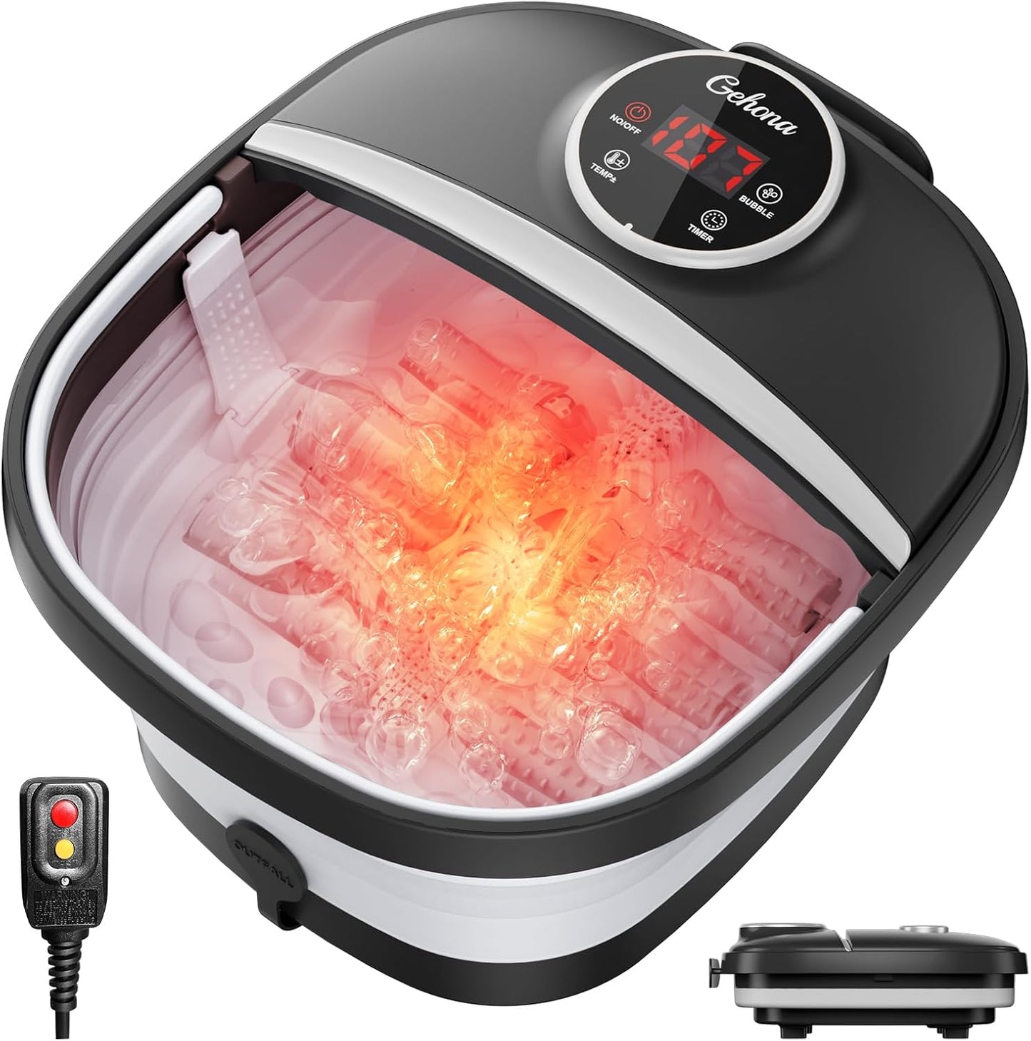 Ultimate Relaxation: Collapsible Foot Spa Bath with Heat, Massage, Temperature Control & Bubbles - Soothing Red Light (Black)