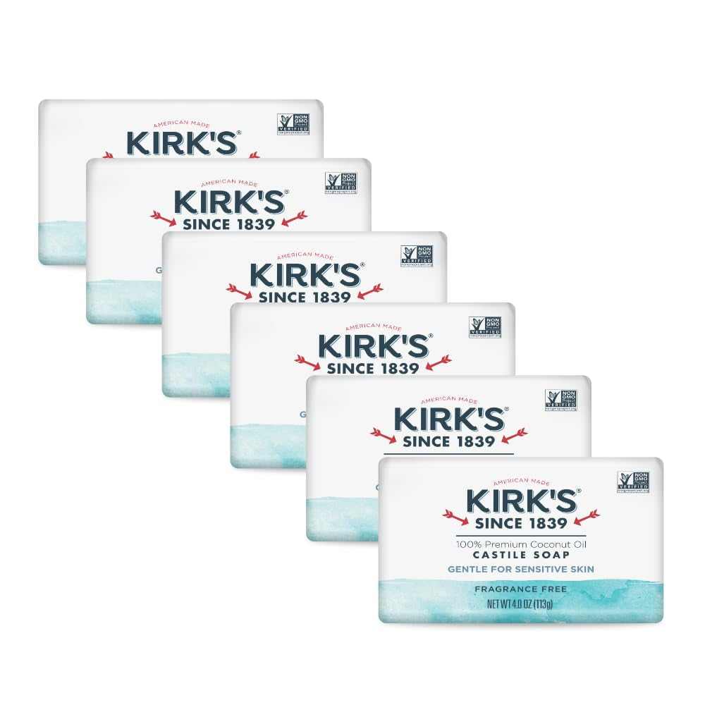 Kirk's Premium Coconut Oil Castile Soap - Fragrance-Free, Vegan, Non-GMO - Gentle for All Skin Types - 6 Pack of 4 Oz Bars