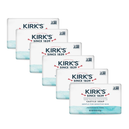 Kirk's Premium Coconut Oil Castile Soap - Fragrance-Free, Vegan, Non-GMO - Gentle for All Skin Types - 6 Pack of 4 Oz Bars