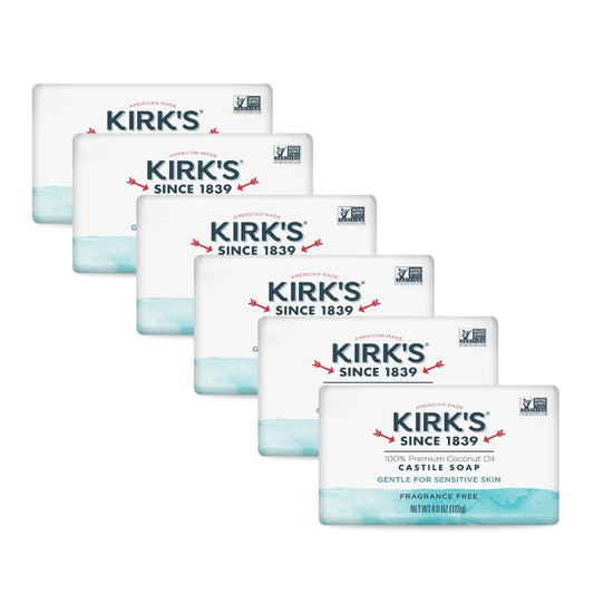 Kirk's Premium Coconut Oil Castile Soap - Fragrance-Free, Vegan, Non-GMO - Gentle for All Skin Types - 6 Pack of 4 Oz Bars