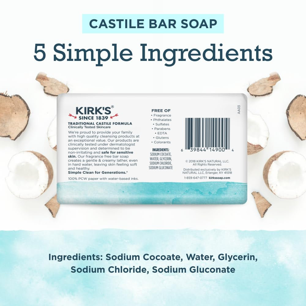 Kirk's Premium Coconut Oil Castile Soap - Fragrance-Free, Vegan, Non-GMO - Gentle for All Skin Types - 6 Pack of 4 Oz Bars