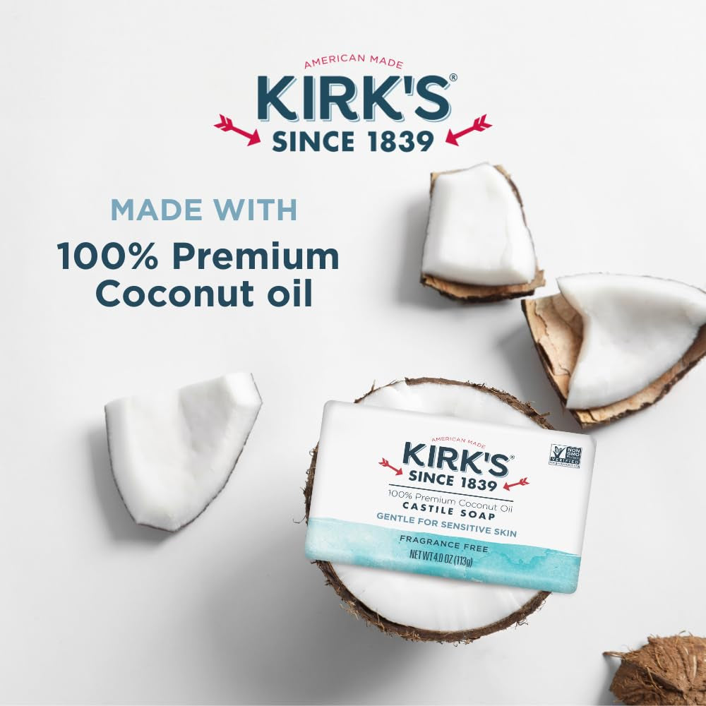 Kirk's Premium Coconut Oil Castile Soap - Fragrance-Free, Vegan, Non-GMO - Gentle for All Skin Types - 6 Pack of 4 Oz Bars
